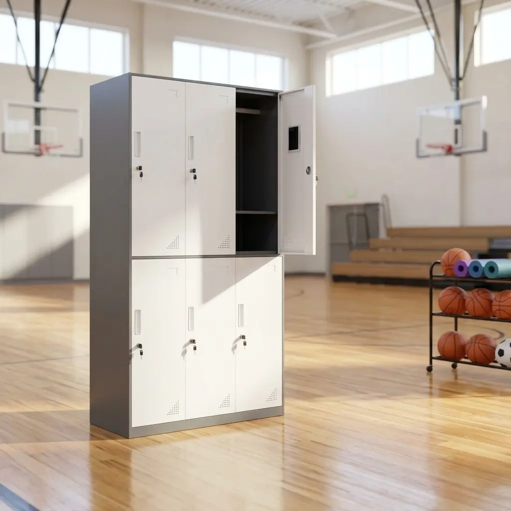 Two-Tone White and Gray 6-Locker Office Filing Cabinet with Individual Cam Locks, Slatted Ventilation, and Name Tag Slots