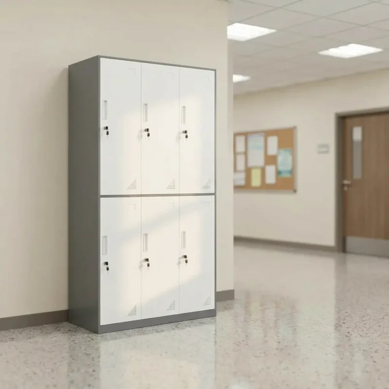 Two-Tone White and Gray 6-Locker Office Filing Cabinet with Individual Cam Locks, Slatted Ventilation, and Name Tag Slots