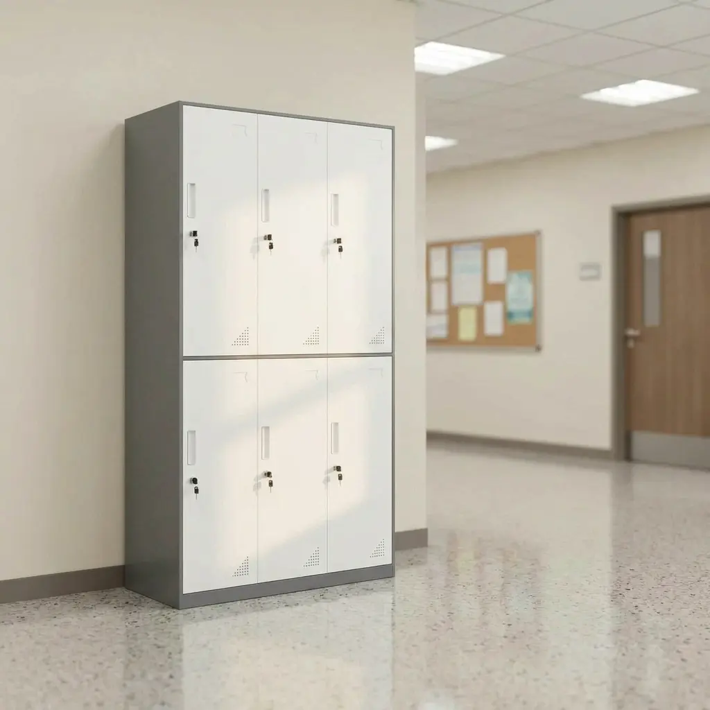 Two-Tone White and Gray 6-Locker Office Filing Cabinet with Individual Cam Locks, Slatted Ventilation, and Name Tag Slots