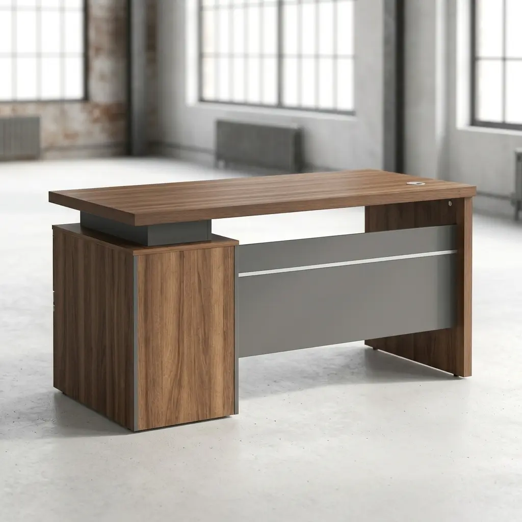 1.4m executive office table in a warm walnut wood finish, featuring a floating tabletop design supported by a dark grey sub-frame, a matching integrated left-side storage cabinet, and a metallic-trimmed grey modesty panel.