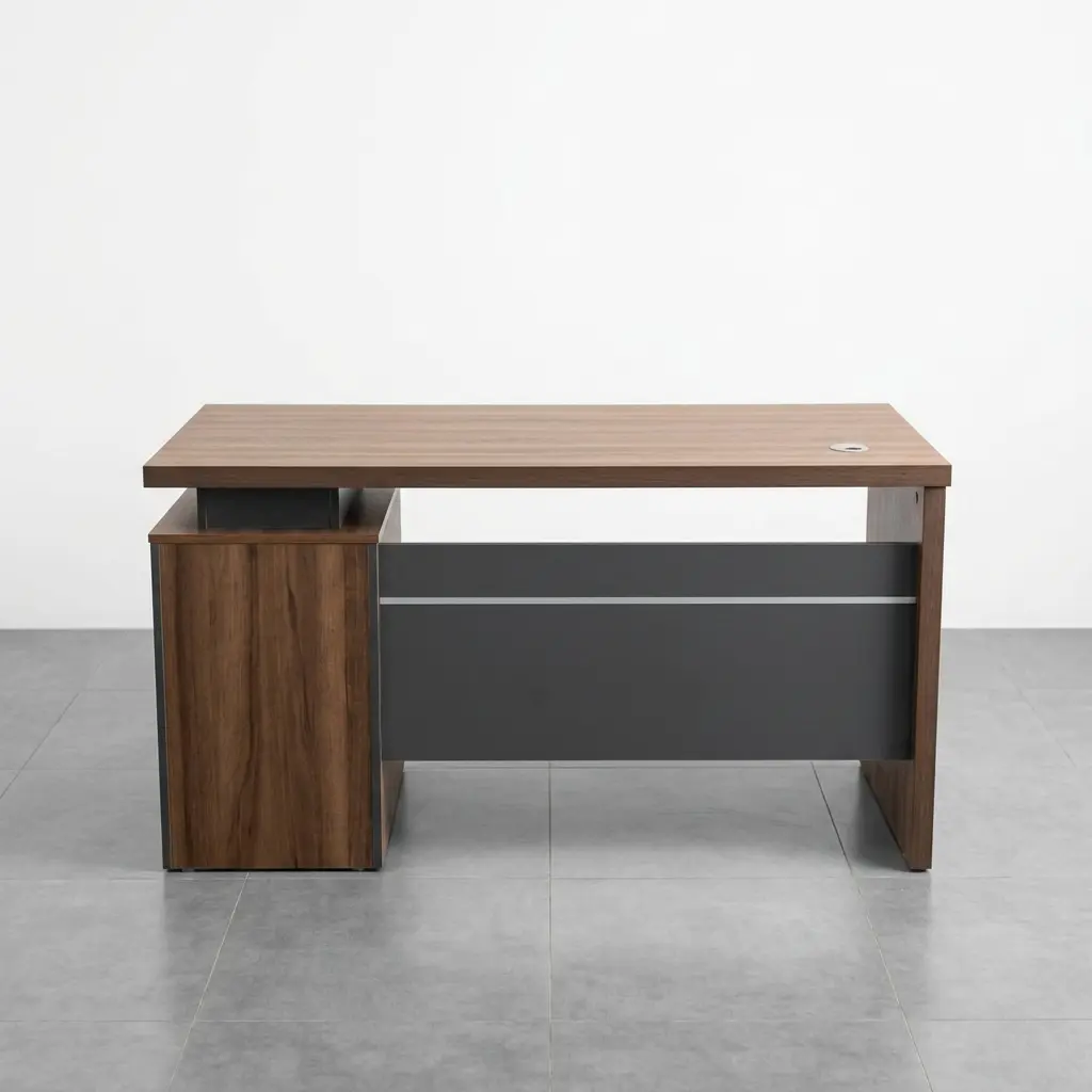 1.4m executive office table in a warm walnut wood finish, featuring a floating tabletop design supported by a dark grey sub-frame, a matching integrated left-side storage cabinet, and a metallic-trimmed grey modesty panel.