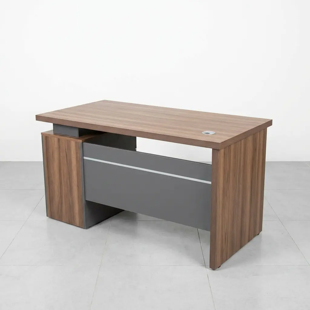 1.4m executive office table in a warm walnut wood finish, featuring a floating tabletop design supported by a dark grey sub-frame, a matching integrated left-side storage cabinet, and a metallic-trimmed grey modesty panel.
