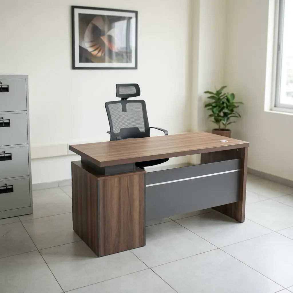 1.4m executive office table in a warm walnut wood finish, featuring a floating tabletop design supported by a dark grey sub-frame, a matching integrated left-side storage cabinet, and a metallic-trimmed grey modesty panel.