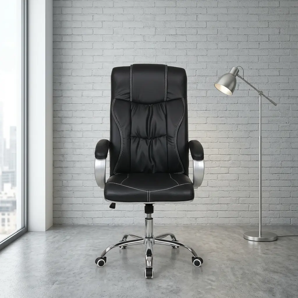 High-back black leather executive chair featuring deep tufted segmented cushioning, contrast white stitching, silver-accented padded armrests, a pneumatic height-adjustment lever, and a chrome swivel star base on wheels.