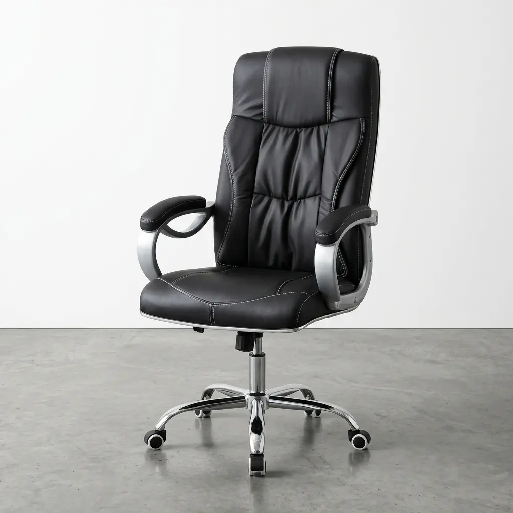 High-back black leather executive chair featuring deep tufted segmented cushioning, contrast white stitching, silver-accented padded armrests, a pneumatic height-adjustment lever, and a chrome swivel star base on wheels.