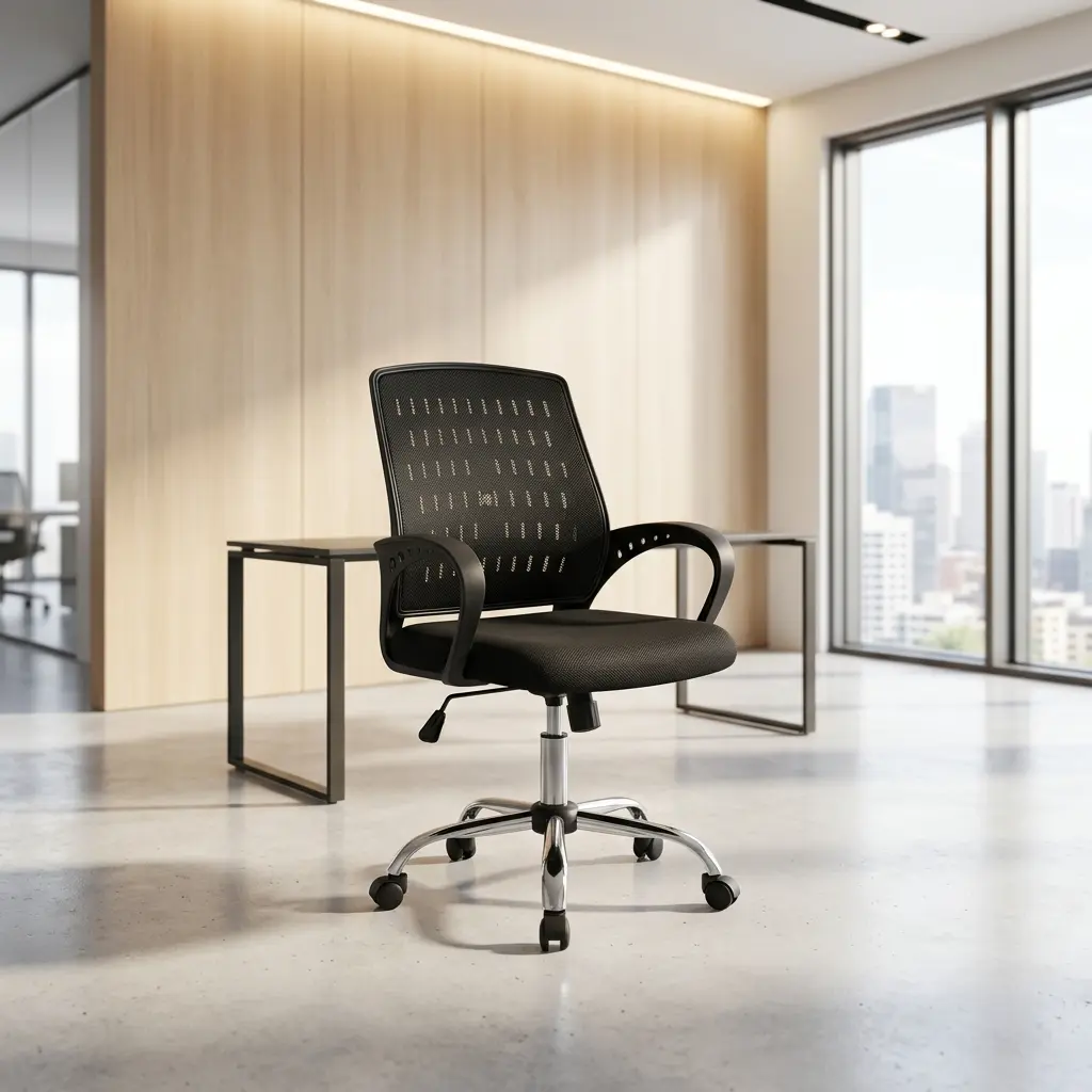 Strong mesh staff office chair featuring a mid-back square black mesh backrest with a perforated pattern, curved fixed armrests, a padded black fabric swivel seat, and a polished chrome star base on wheels.