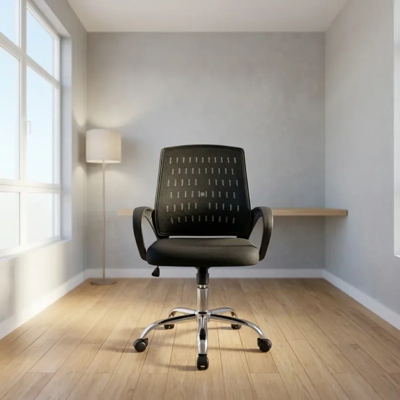 Strong mesh staff office chair featuring a mid-back square black mesh backrest with a perforated pattern, curved fixed armrests, a padded black fabric swivel seat, and a polished chrome star base on wheels.
