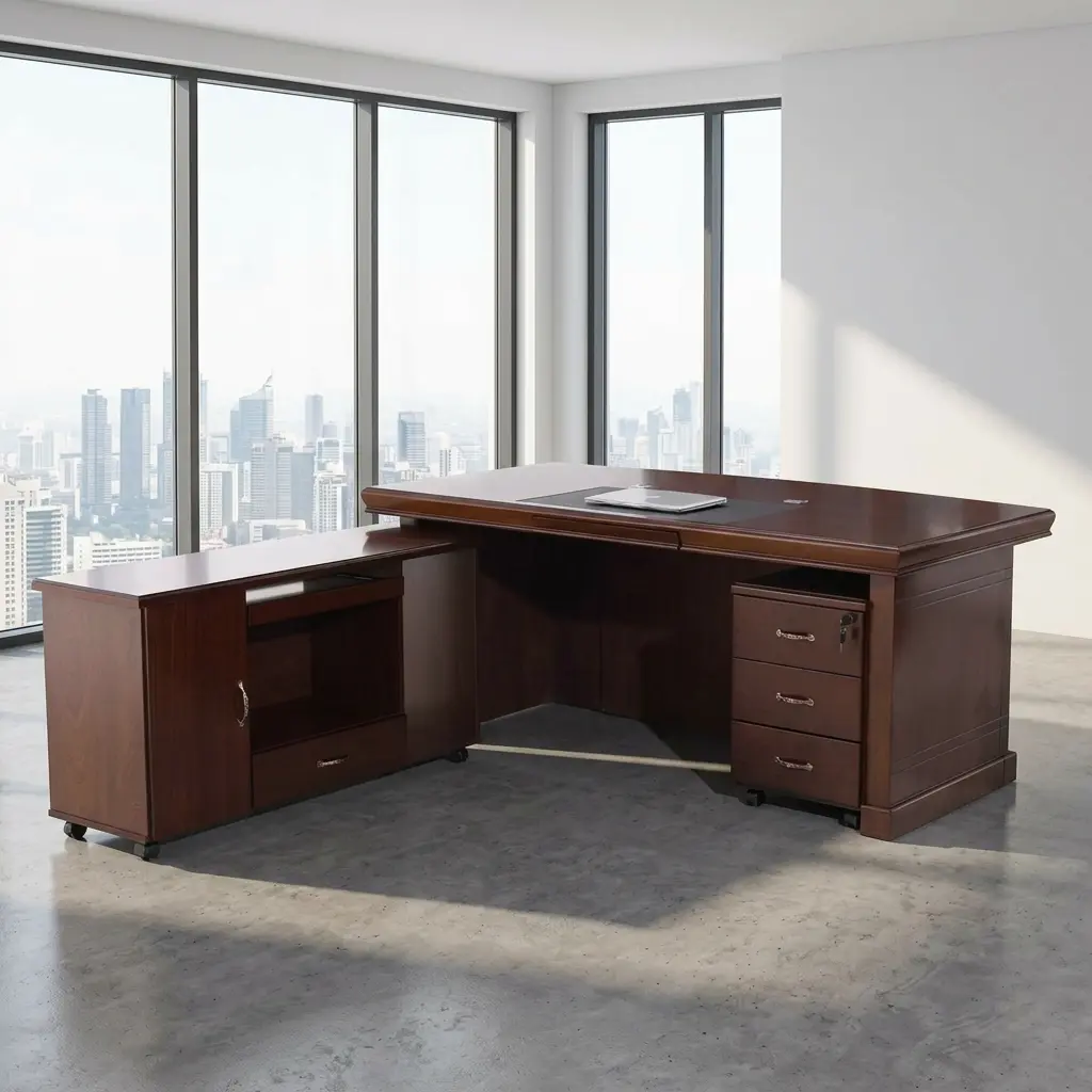 1800mm executive office desk in a deep mahogany wood finish, featuring a thick multi-tiered rectangular tabletop and a dark brown leatherette front modesty panel accented by a centered diamond wood inlay pattern.