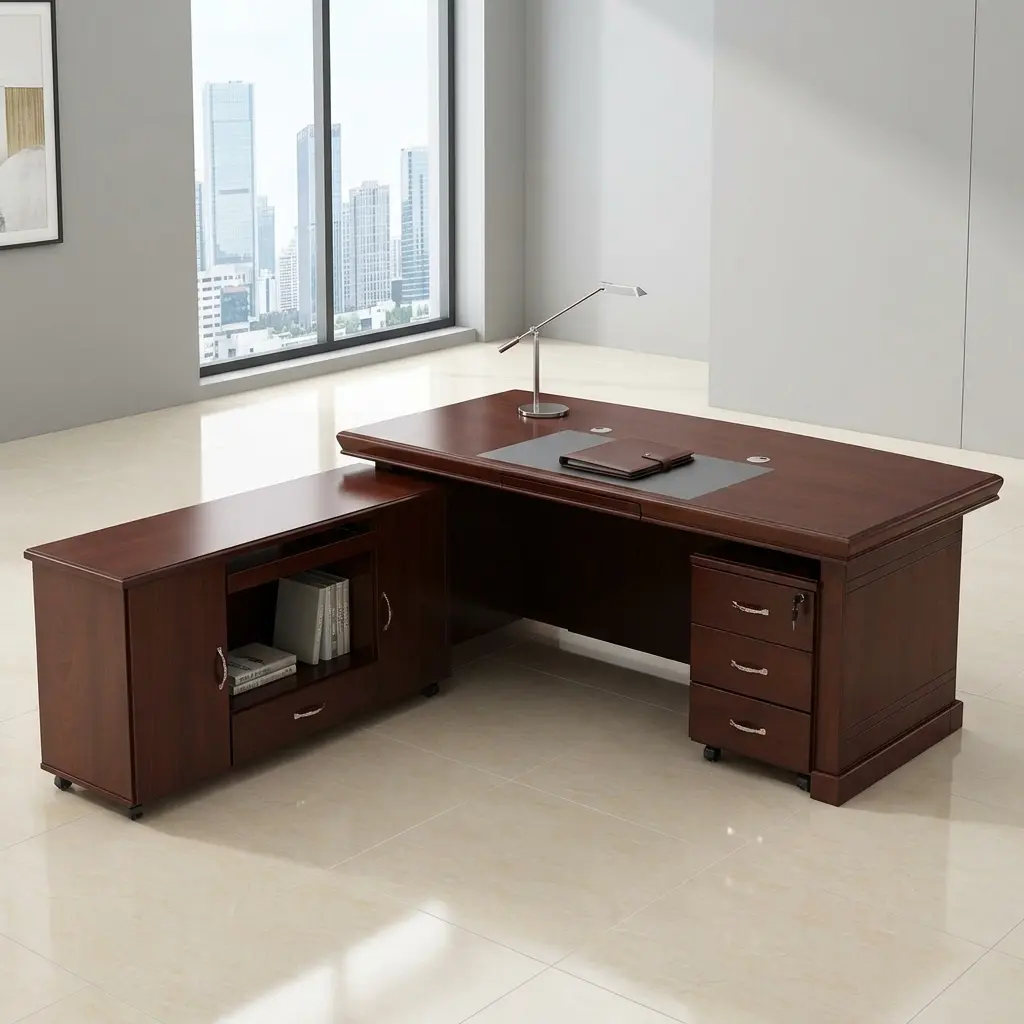 1800mm executive office desk in a deep mahogany wood finish, featuring a thick multi-tiered rectangular tabletop and a dark brown leatherette front modesty panel accented by a centered diamond wood inlay pattern.
