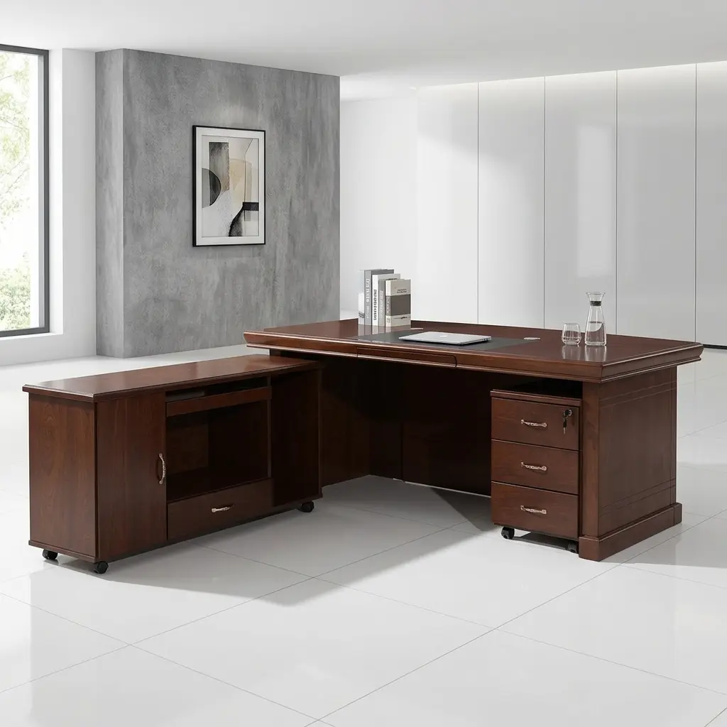 1800mm executive office desk in a deep mahogany wood finish, featuring a thick multi-tiered rectangular tabletop and a dark brown leatherette front modesty panel accented by a centered diamond wood inlay pattern.