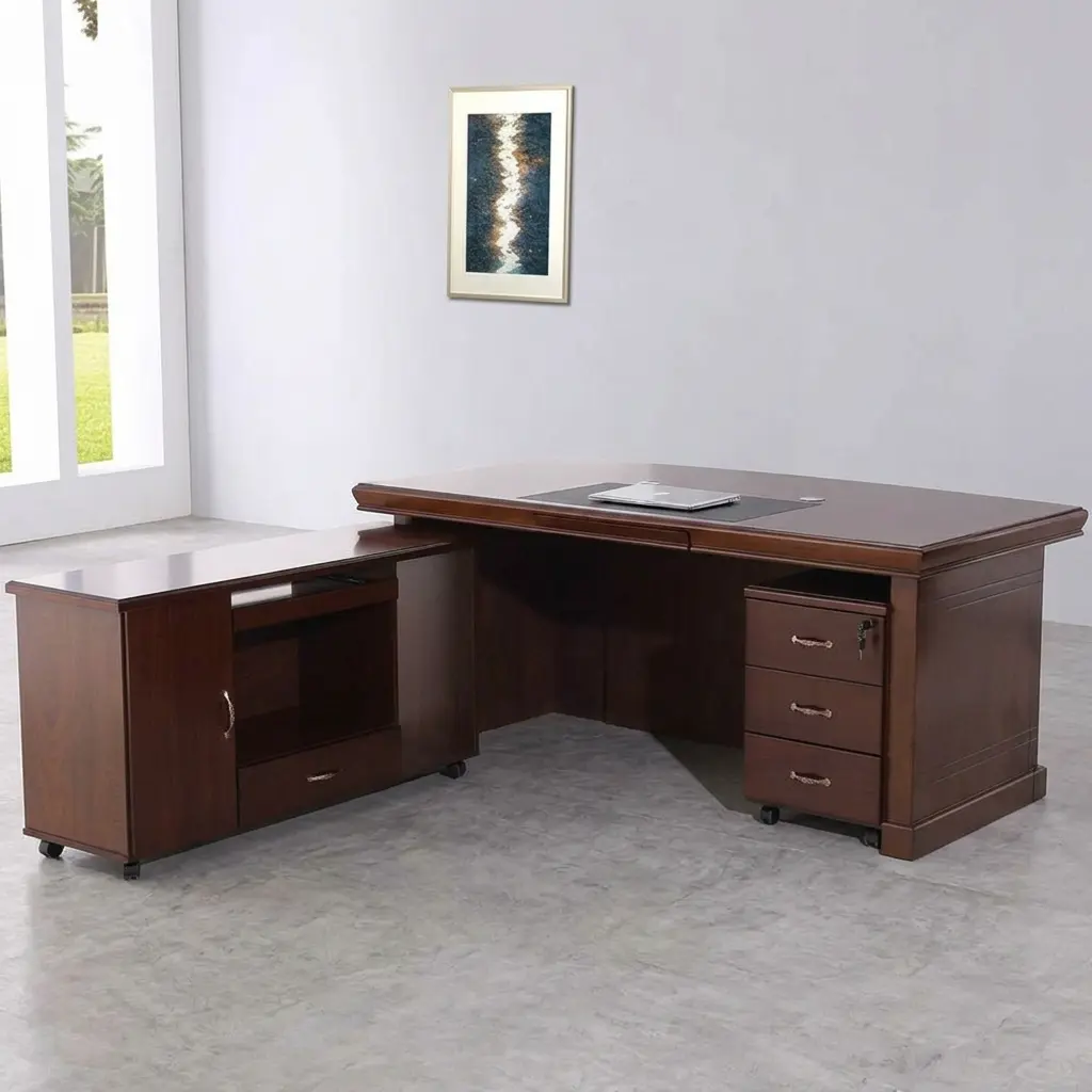 1800mm executive office desk in a deep mahogany wood finish, featuring a thick multi-tiered rectangular tabletop and a dark brown leatherette front modesty panel accented by a centered diamond wood inlay pattern.