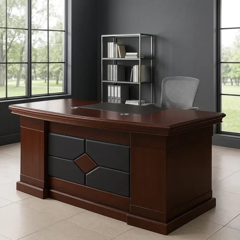 1800mm executive office desk in a deep mahogany wood finish, featuring a thick multi-tiered rectangular tabletop and a dark brown leatherette front modesty panel accented by a centered diamond wood inlay pattern.