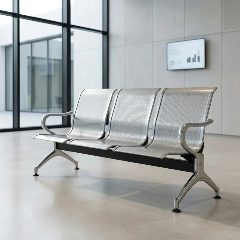 3-link steel waiting bench featuring contoured perforated stainless steel seats, sleek curved chrome armrests, a heavy-duty black support beam, and angled chrome legs with adjustable leveling feet.