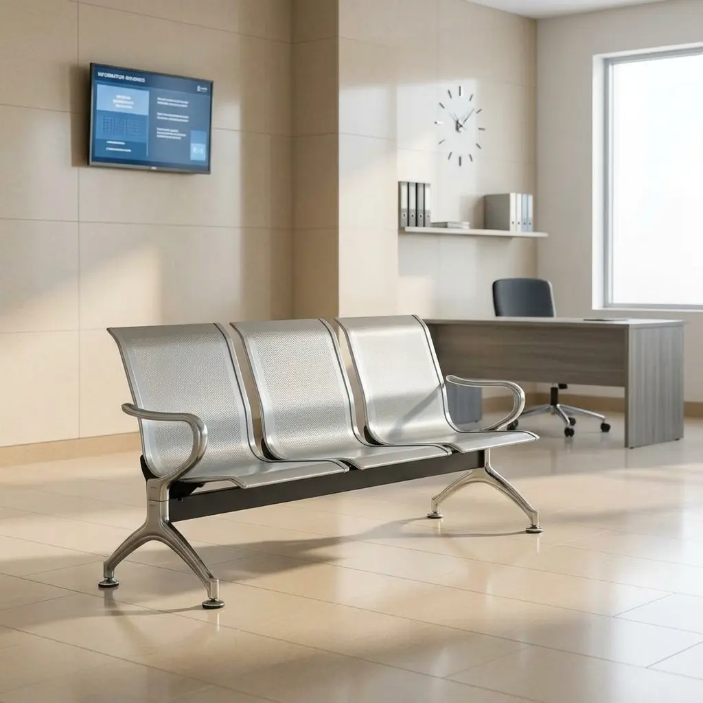 3-link steel waiting bench featuring contoured perforated stainless steel seats, sleek curved chrome armrests, a heavy-duty black support beam, and angled chrome legs with adjustable leveling feet.