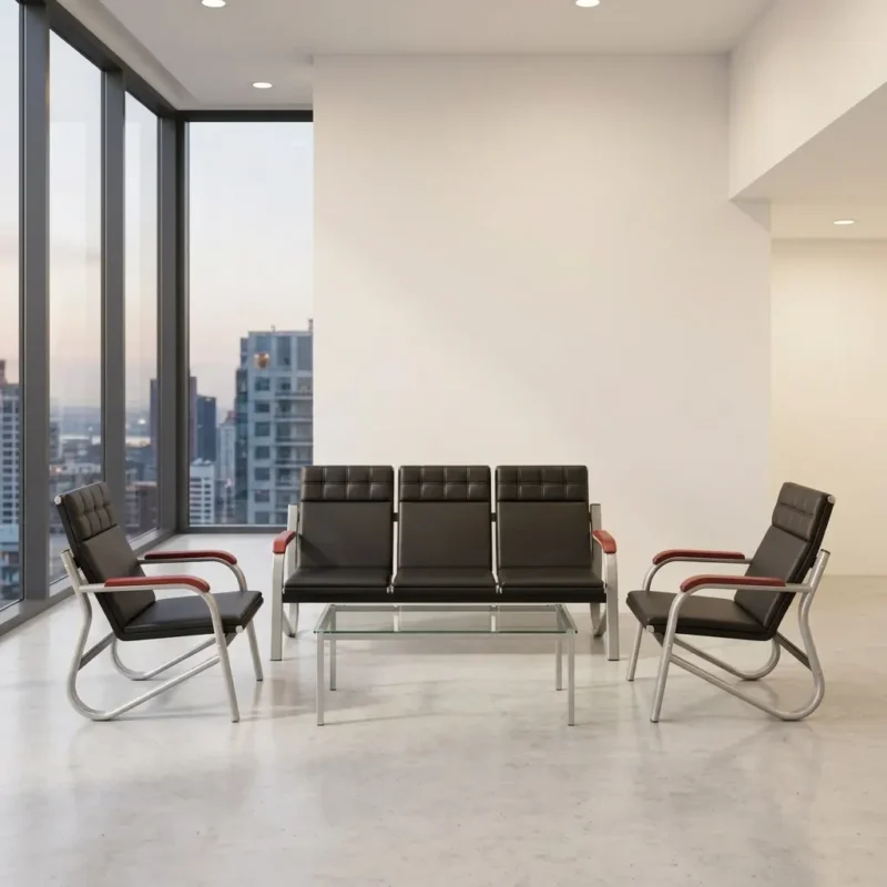 5-seater black reception sofa set featuring a 3-seater bench flanked by two matching single armchairs, all designed with tufted black faux leather headrests, sleek silver metal frames, and curved wooden armrest accents, paired with a central glass-top coffee table.