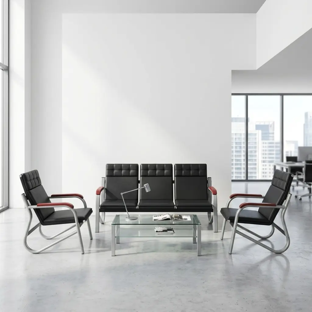 5-seater black reception sofa set featuring a 3-seater bench flanked by two matching single armchairs, all designed with tufted black faux leather headrests, sleek silver metal frames, and curved wooden armrest accents, paired with a central glass-top coffee table.