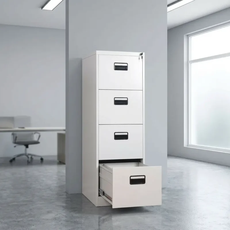 4-drawer steel filing cabinet in a clean light grey finish, featuring a vertical tower design with a partially open bottom drawer, recessed black plastic handles, and a top-drawer lock mechanism with inserted keys.