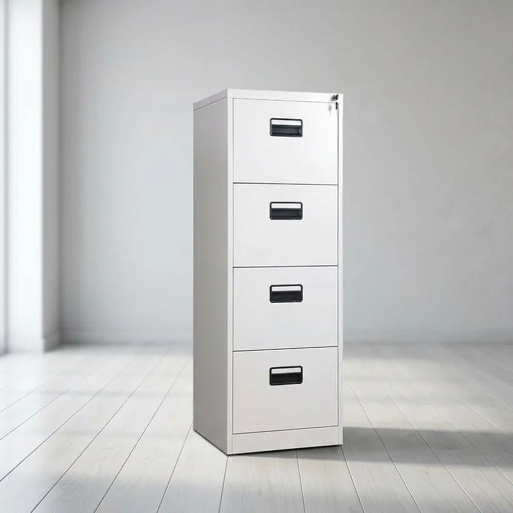 4-drawer steel filing cabinet in a clean light grey finish, featuring a vertical tower design with a partially open bottom drawer, recessed black plastic handles, and a top-drawer lock mechanism with inserted keys.