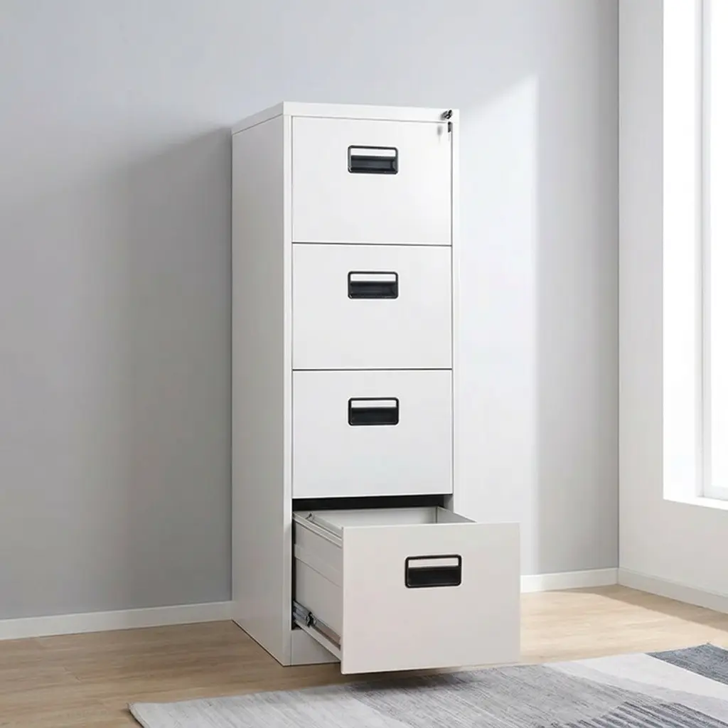 4-drawer steel filing cabinet in a durable light grey powder-coated finish, featuring a slim vertical tower design, recessed black plastic flush-pull handles, and a secure top drawer cylinder lock with keys.