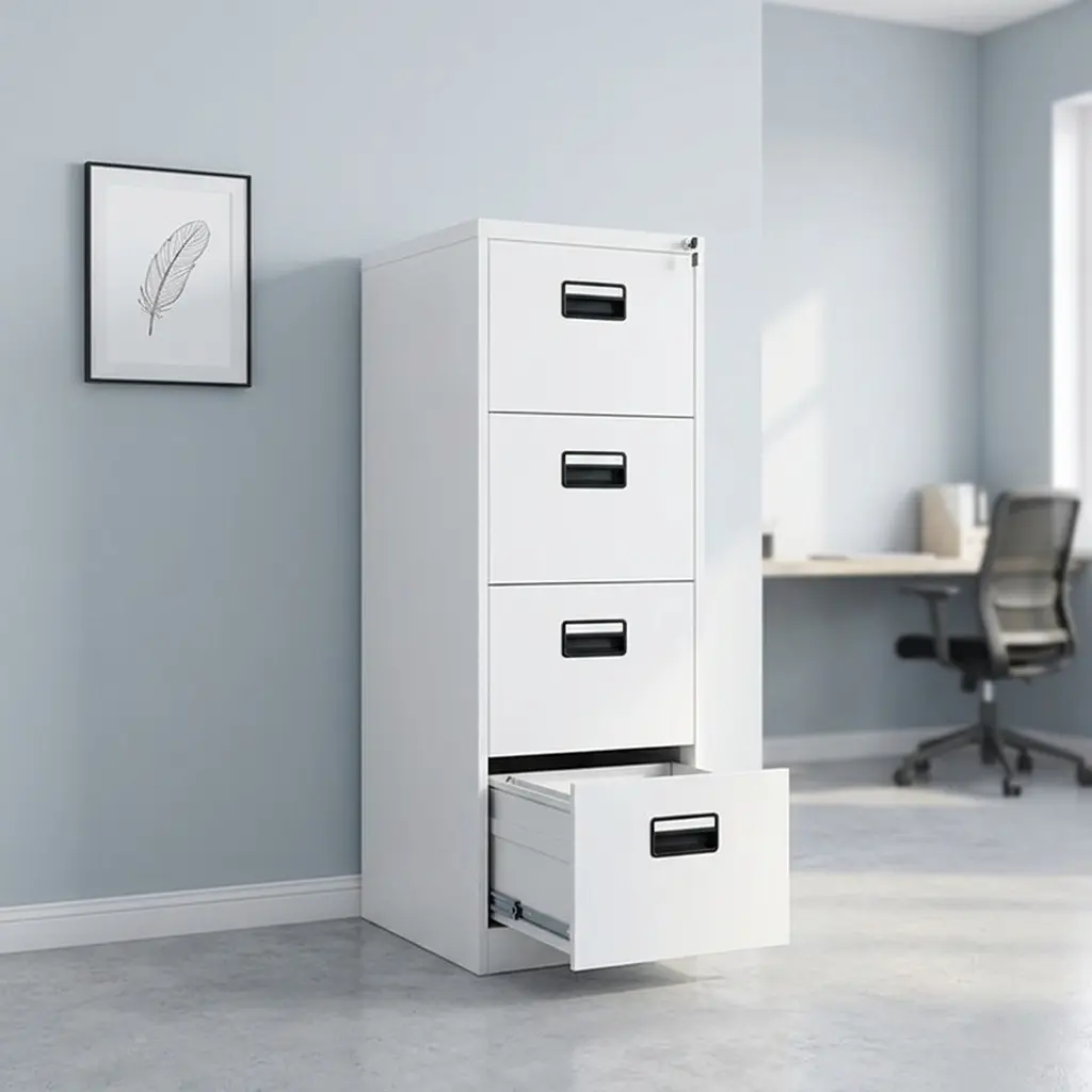 4-drawer steel filing cabinet in a durable light grey powder-coated finish, featuring a slim vertical tower design, recessed black plastic flush-pull handles, and a secure top drawer cylinder lock with keys.