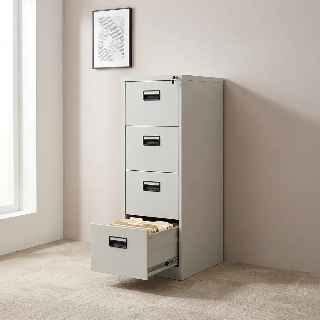 4-drawer steel filing cabinet in a durable light grey powder-coated finish, featuring a slim vertical tower design, recessed black plastic flush-pull handles, and a secure top drawer cylinder lock with keys.