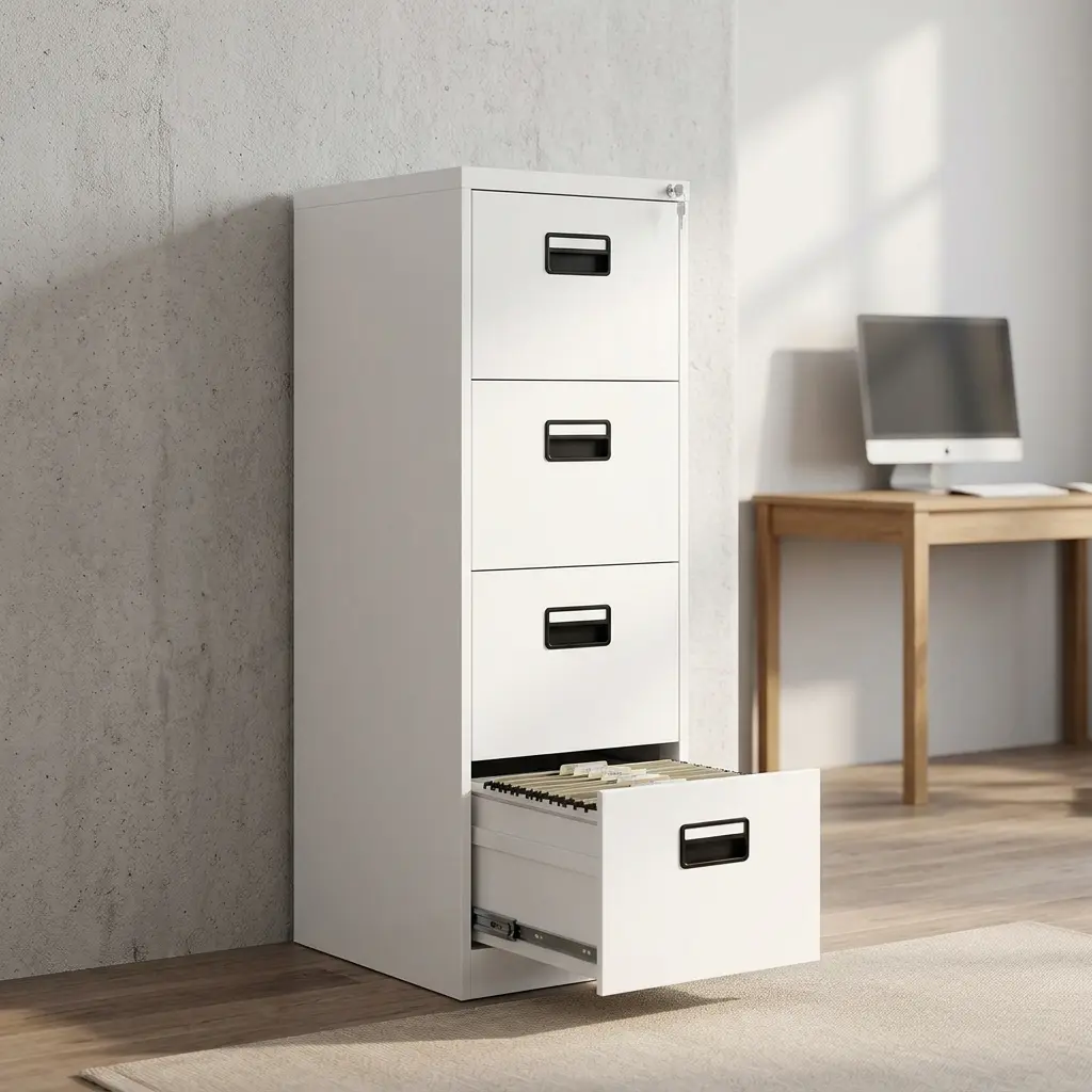 4-drawer steel filing cabinet in a durable light grey powder-coated finish, featuring a slim vertical tower design, recessed black plastic flush-pull handles, and a secure top drawer cylinder lock with keys.