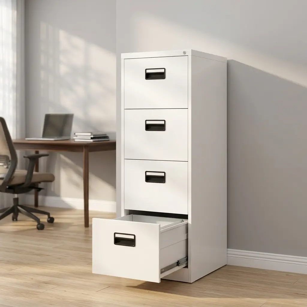 4-drawer steel filing cabinet in a durable light grey powder-coated finish, featuring a slim vertical tower design, recessed black plastic flush-pull handles, and a secure top drawer cylinder lock with keys.