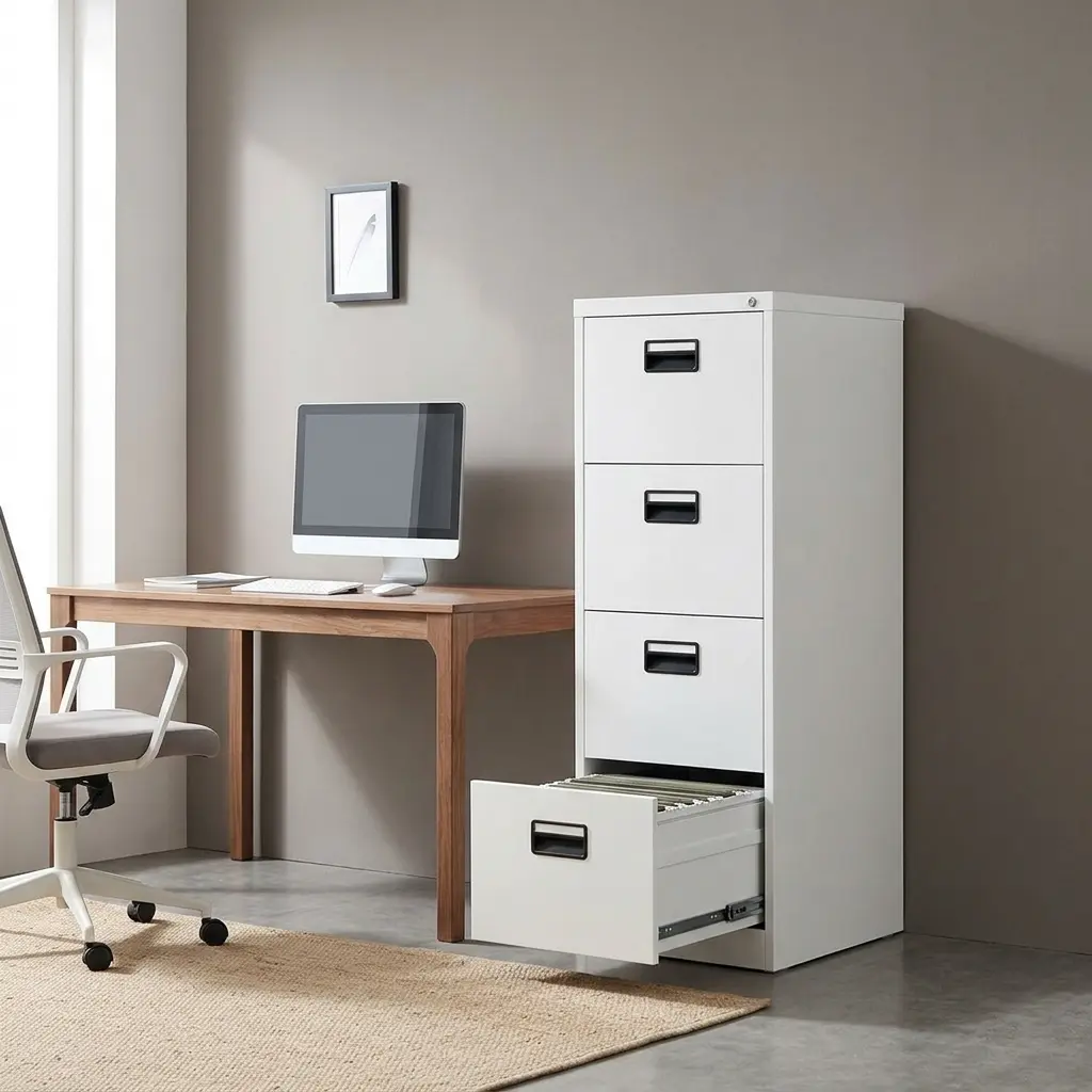 4-drawer steel filing cabinet in a durable light grey powder-coated finish, featuring a slim vertical tower design, recessed black plastic flush-pull handles, and a secure top drawer cylinder lock with keys.