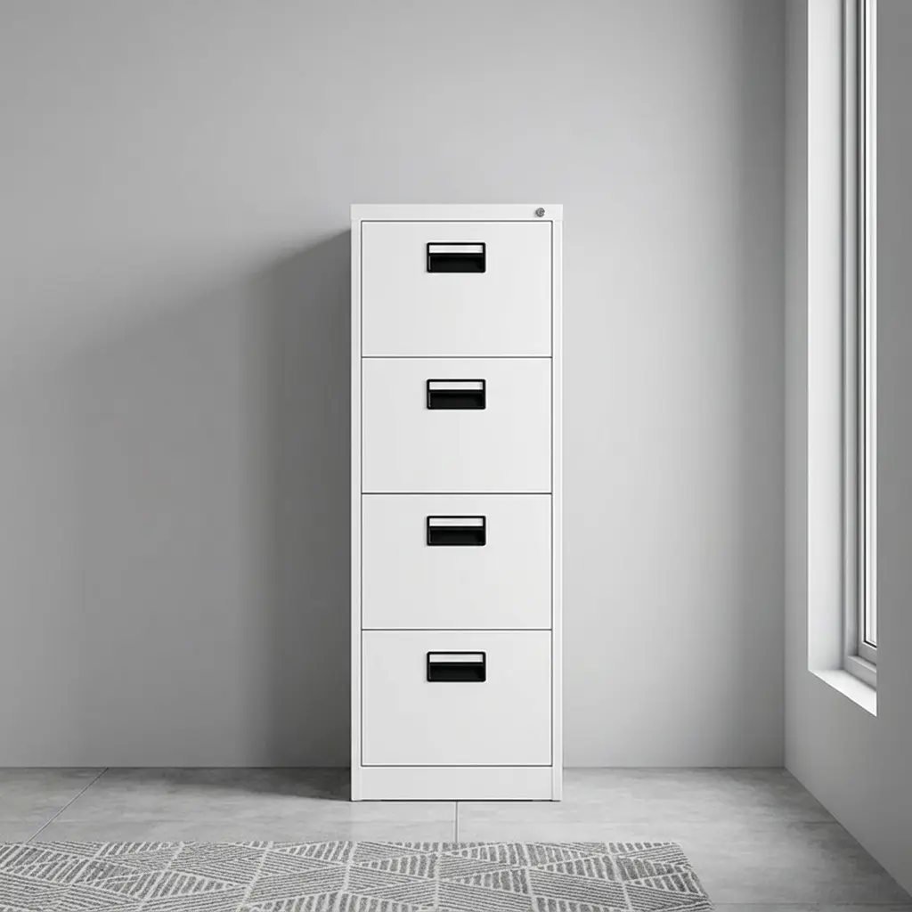 4-drawer steel filing cabinet in a durable light grey powder-coated finish, featuring a slim vertical tower design, recessed black plastic flush-pull handles, and a secure top drawer cylinder lock with keys.