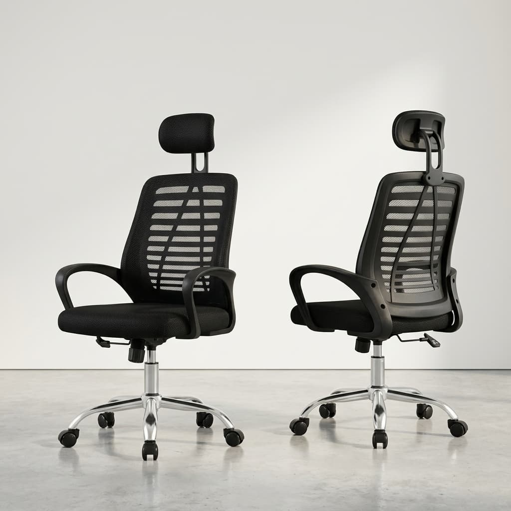 Ergonomic headrest staff chair featuring a high black mesh backrest with a horizontal skeletal lumbar support frame, an adjustable oval headrest, fixed curved armrests, a contoured black fabric seat cushion, and a polished chrome star swivel base on wheels.