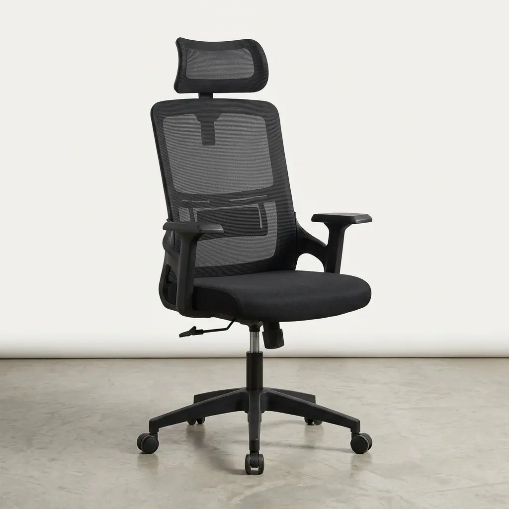 High-back mesh office chair featuring an adjustable curved mesh headrest, a translucent black mesh backrest with an integrated rectangular lumbar support band, T-shaped adjustable armrests, a padded black fabric seat cushion, and a durable black nylon star swivel base on caster wheels.