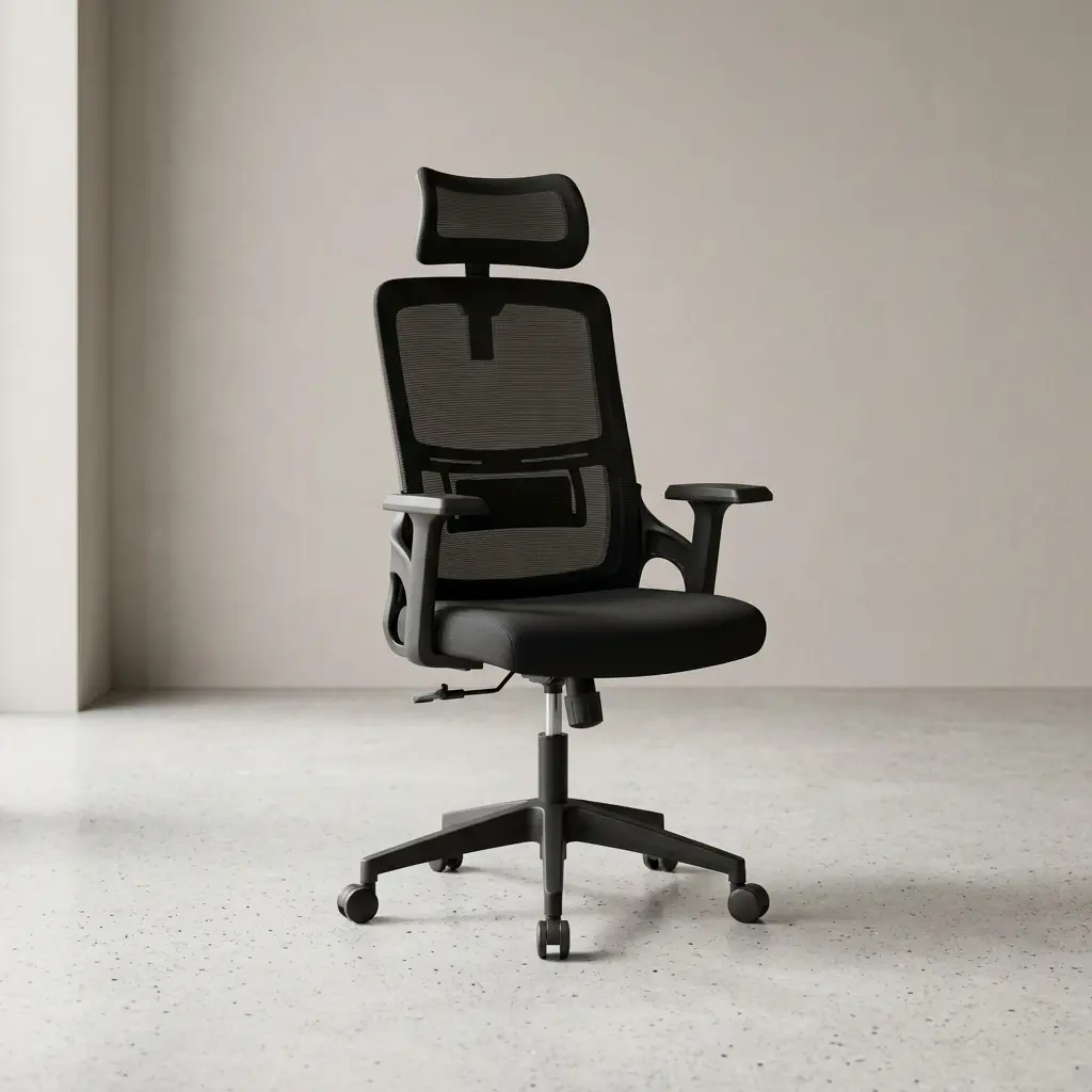 High-back mesh office chair featuring an adjustable curved mesh headrest, a translucent black mesh backrest with an integrated rectangular lumbar support band, T-shaped adjustable armrests, a padded black fabric seat cushion, and a durable black nylon star swivel base on caster wheels.