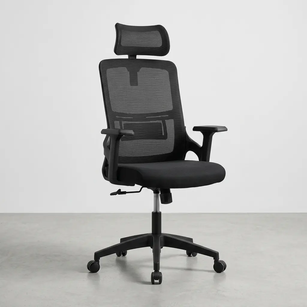 High-back mesh office chair featuring an adjustable curved mesh headrest, a translucent black mesh backrest with an integrated rectangular lumbar support band, T-shaped adjustable armrests, a padded black fabric seat cushion, and a durable black nylon star swivel base on caster wheels.