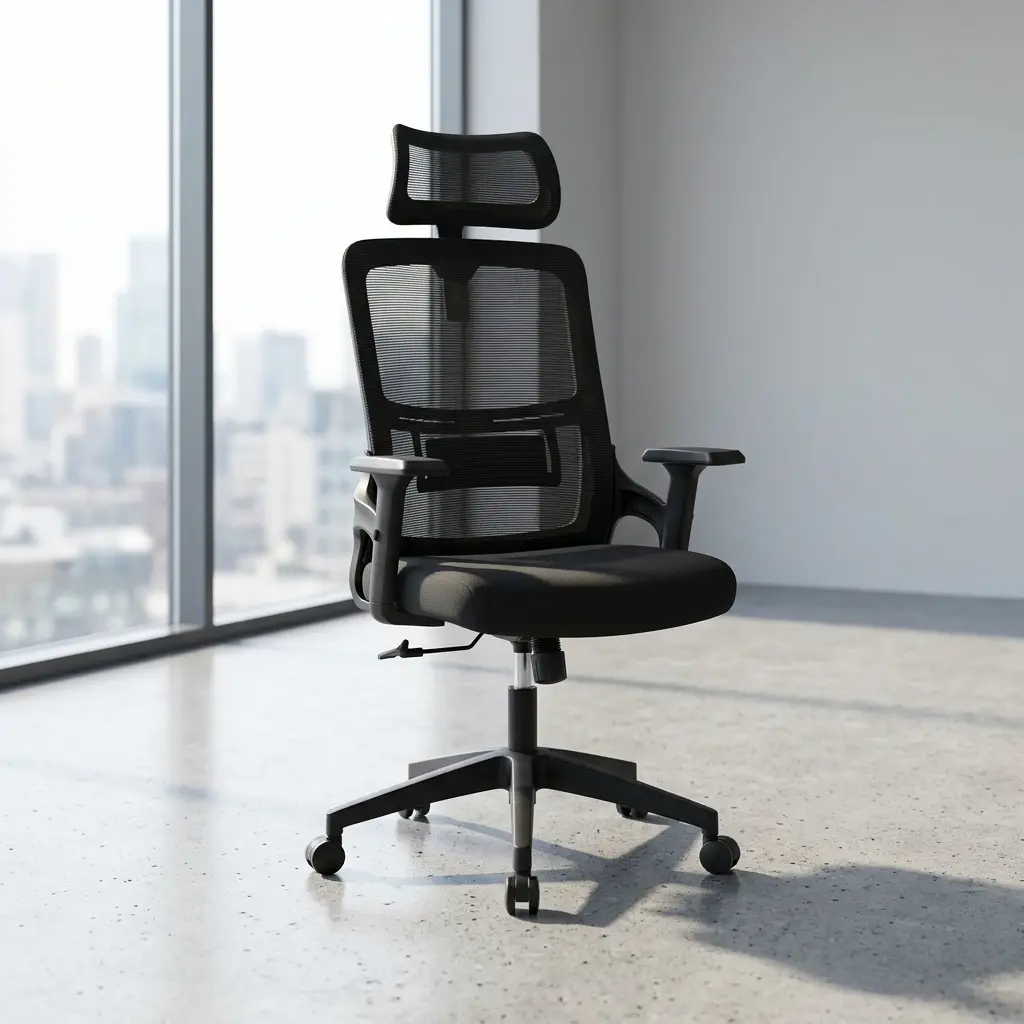 High-back mesh office chair featuring an adjustable curved mesh headrest, a translucent black mesh backrest with an integrated rectangular lumbar support band, T-shaped adjustable armrests, a padded black fabric seat cushion, and a durable black nylon star swivel base on caster wheels.