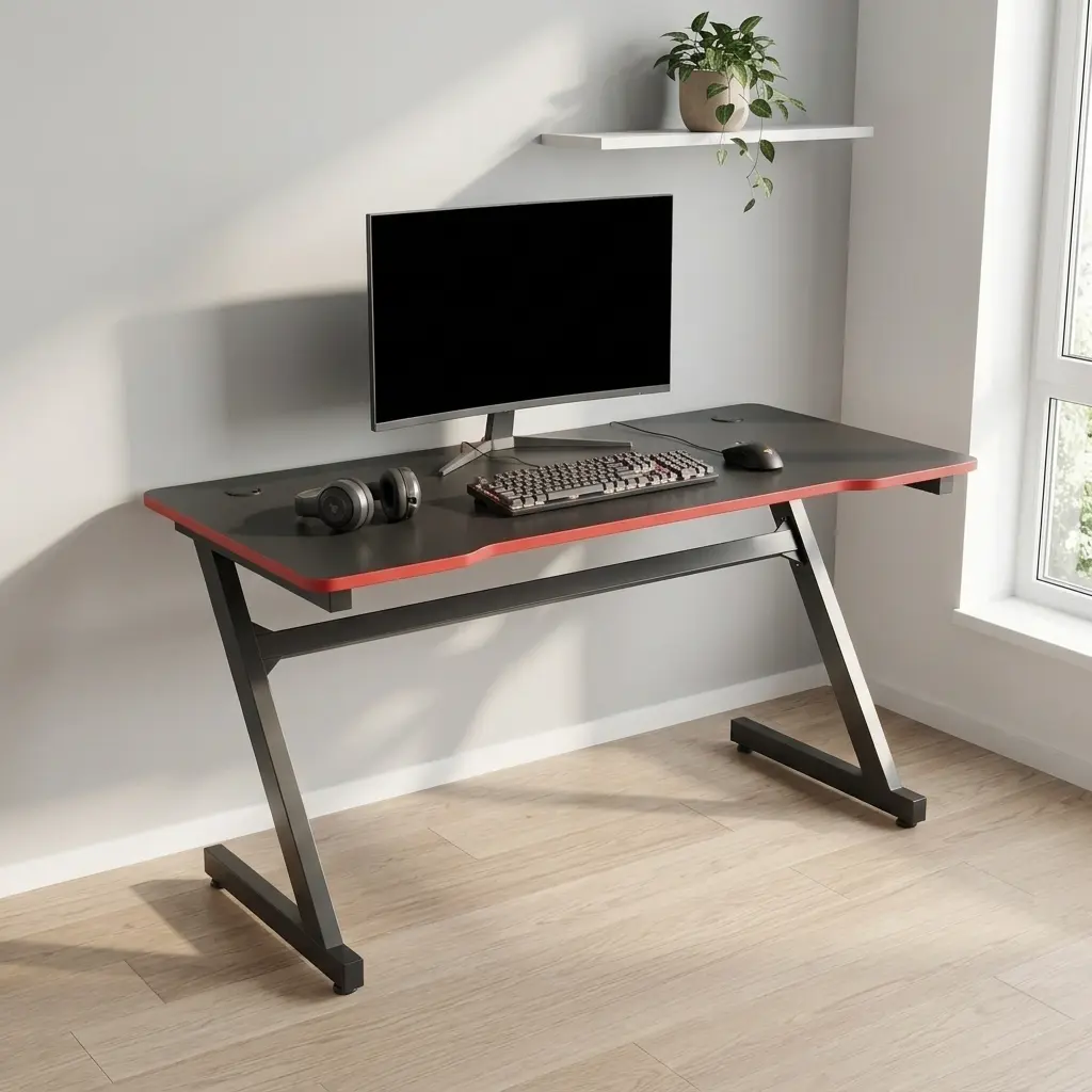 Ergonomic 1.2m black gaming table with a carbon fiber texture surface, red trim edge, built-in dual cable management grommets, and heavy-duty black Z-shaped metal legs.