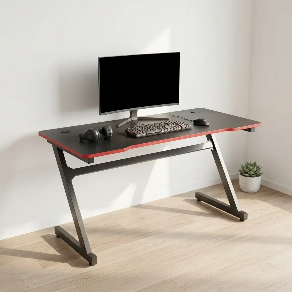 Ergonomic 1.2m black gaming table with a carbon fiber texture surface, red trim edge, built-in dual cable management grommets, and heavy-duty black Z-shaped metal legs.