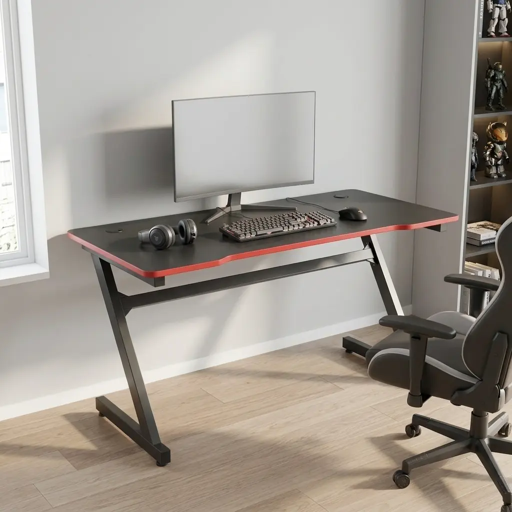 Ergonomic 1.2m black gaming table with a carbon fiber texture surface, red trim edge, built-in dual cable management grommets, and heavy-duty black Z-shaped metal legs.