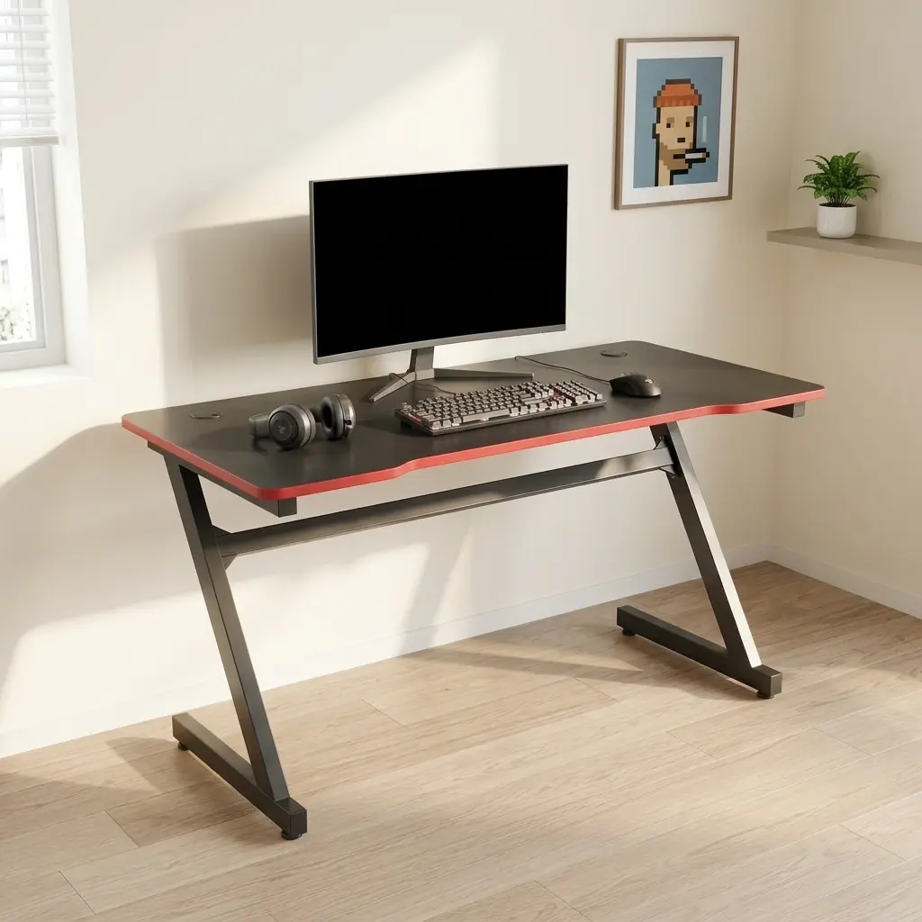 Ergonomic 1.2m black gaming table with a carbon fiber texture surface, red trim edge, built-in dual cable management grommets, and heavy-duty black Z-shaped metal legs.