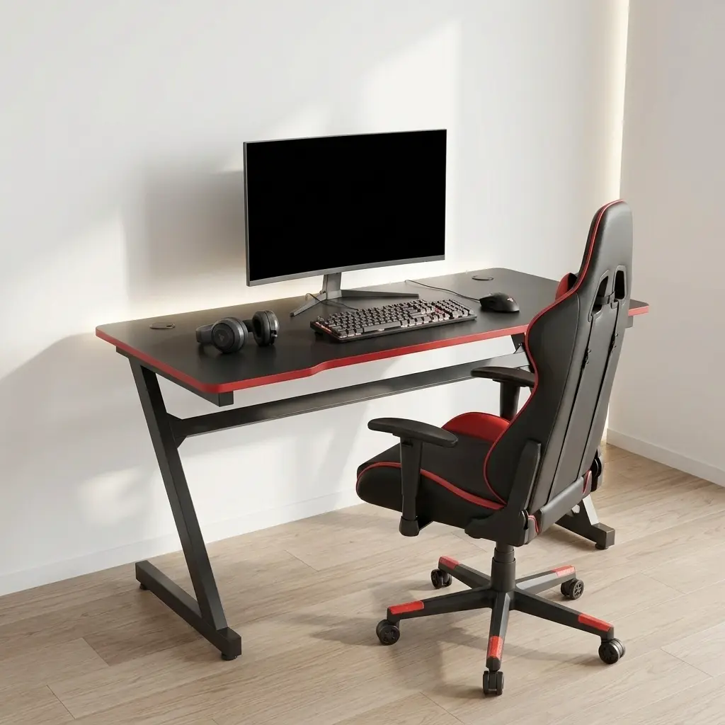 Ergonomic 1.2m black gaming table with a carbon fiber texture surface, red trim edge, built-in dual cable management grommets, and heavy-duty black Z-shaped metal legs.