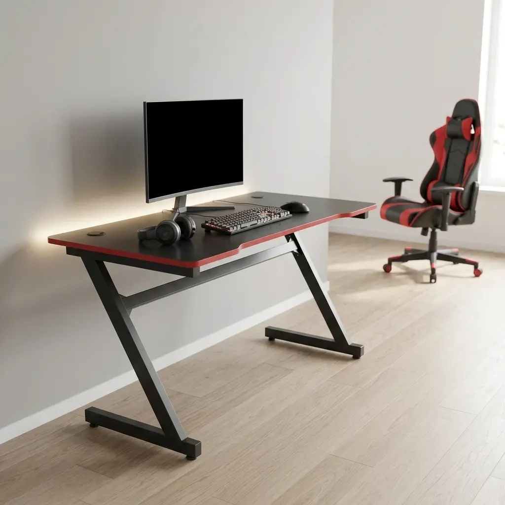 Ergonomic 1.2m black gaming table with a carbon fiber texture surface, red trim edge, built-in dual cable management grommets, and heavy-duty black Z-shaped metal legs.