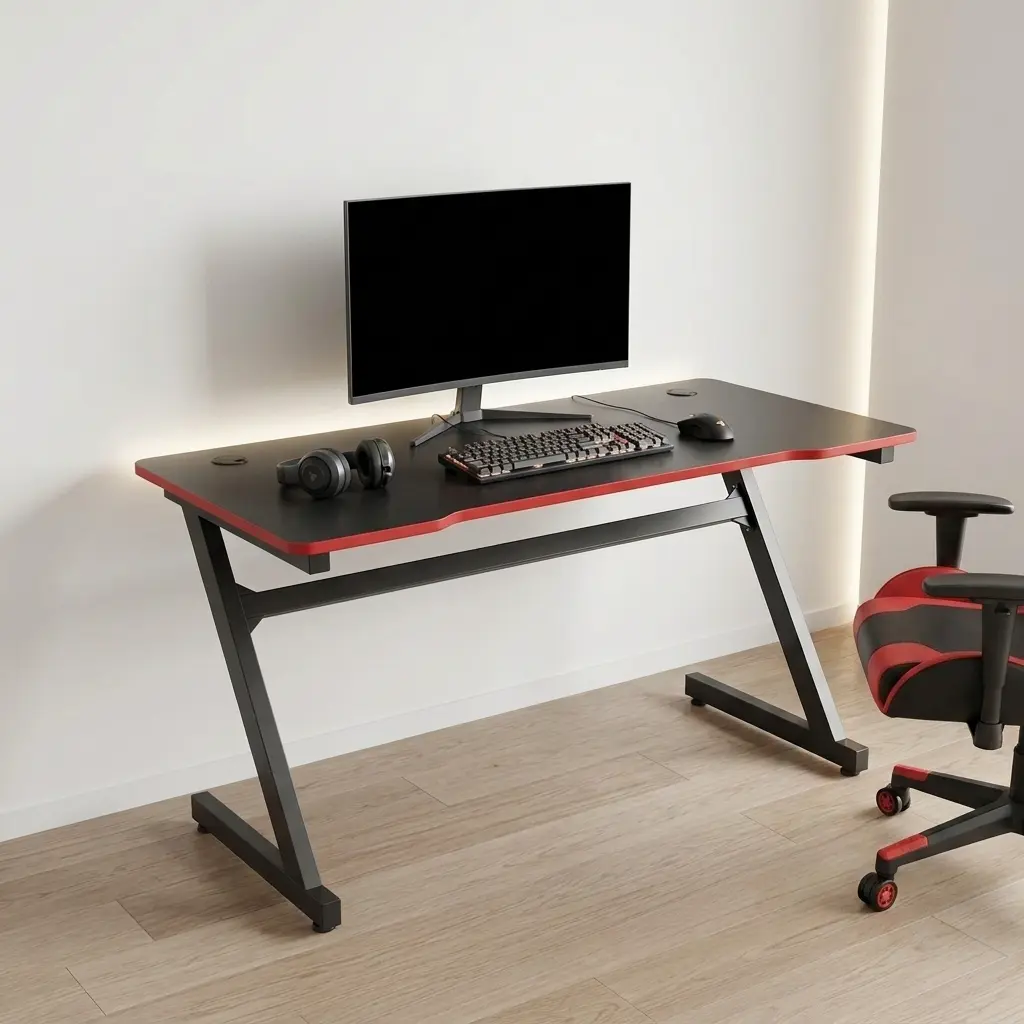 Ergonomic 1.2m black gaming table with a carbon fiber texture surface, red trim edge, built-in dual cable management grommets, and heavy-duty black Z-shaped metal legs.