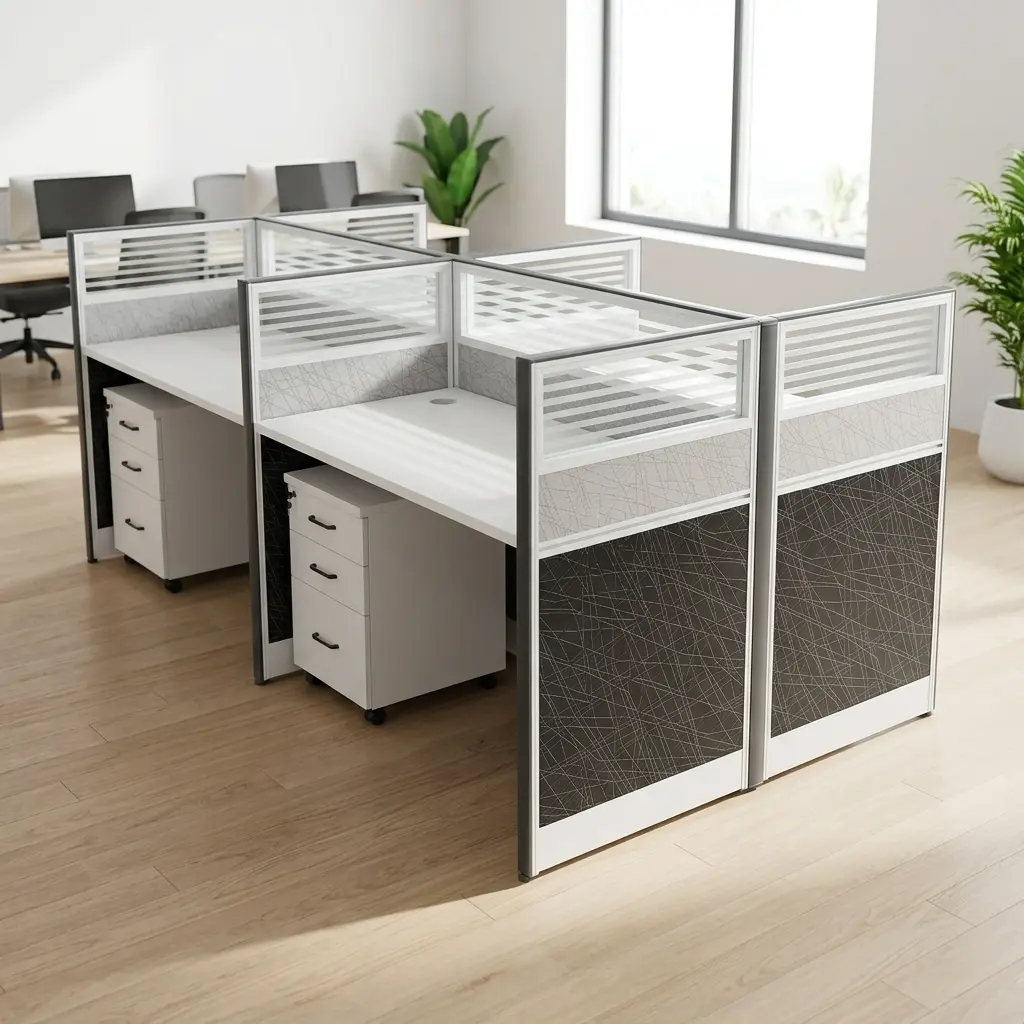 Modern 4-seater office workstation desk cluster featuring white tabletops, integrated acoustic privacy divider panels with striped glass tops, and matching mobile 3-drawer under-desk pedestal file cabinets.