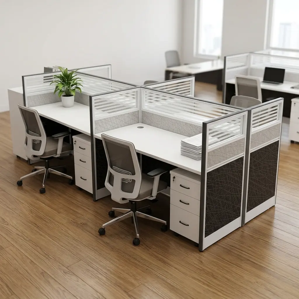 Modern 4-seater office workstation desk cluster featuring white tabletops, integrated acoustic privacy divider panels with striped glass tops, and matching mobile 3-drawer under-desk pedestal file cabinets.