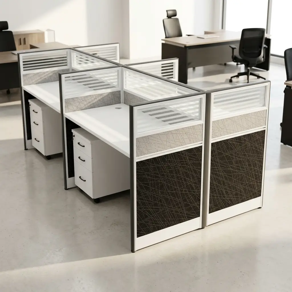 Modern 4-seater office workstation desk cluster featuring white tabletops, integrated acoustic privacy divider panels with striped glass tops, and matching mobile 3-drawer under-desk pedestal file cabinets.