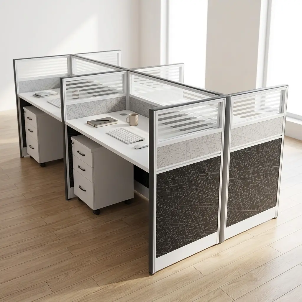 Modern 4-seater office workstation desk cluster featuring white tabletops, integrated acoustic privacy divider panels with striped glass tops, and matching mobile 3-drawer under-desk pedestal file cabinets.