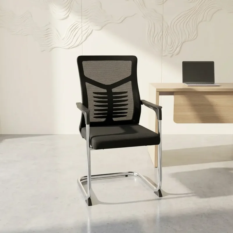 Black mesh medium-back waiting visitor chair featuring an ergonomic spine-aligned backrest support design, fixed armrests, and a durable chrome cantilever sled base.