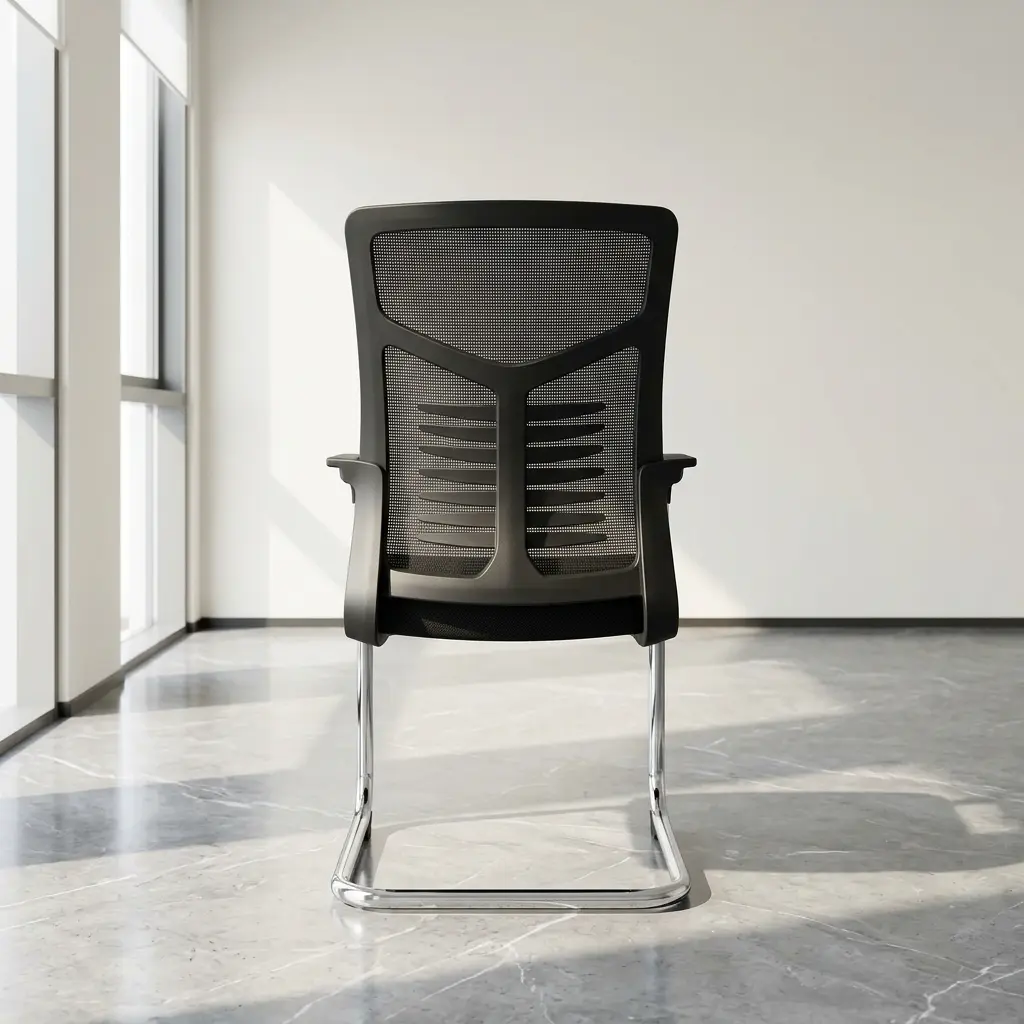 Black mesh medium-back waiting visitor chair featuring an ergonomic spine-aligned backrest support design, fixed armrests, and a durable chrome cantilever sled base.