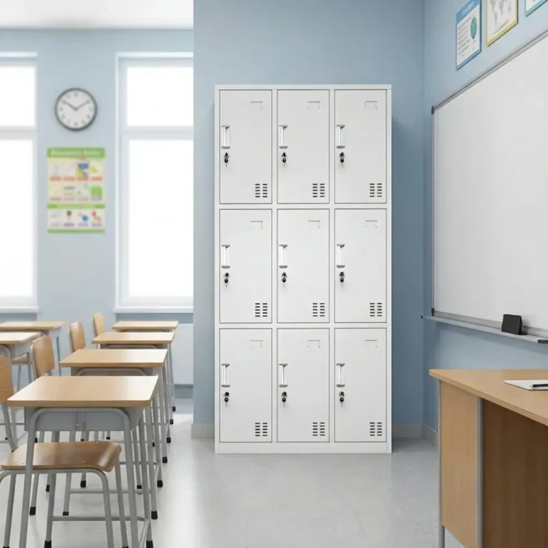 White 9-door steel locker storage cabinet featuring individual key-lockable compartments, ventilation slots, and recessed handles in a classroom setting.
