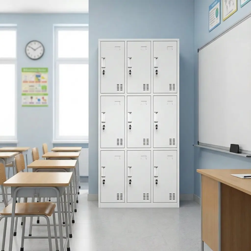 White 9-door steel locker storage cabinet featuring individual key-lockable compartments, ventilation slots, and recessed handles in a classroom setting.