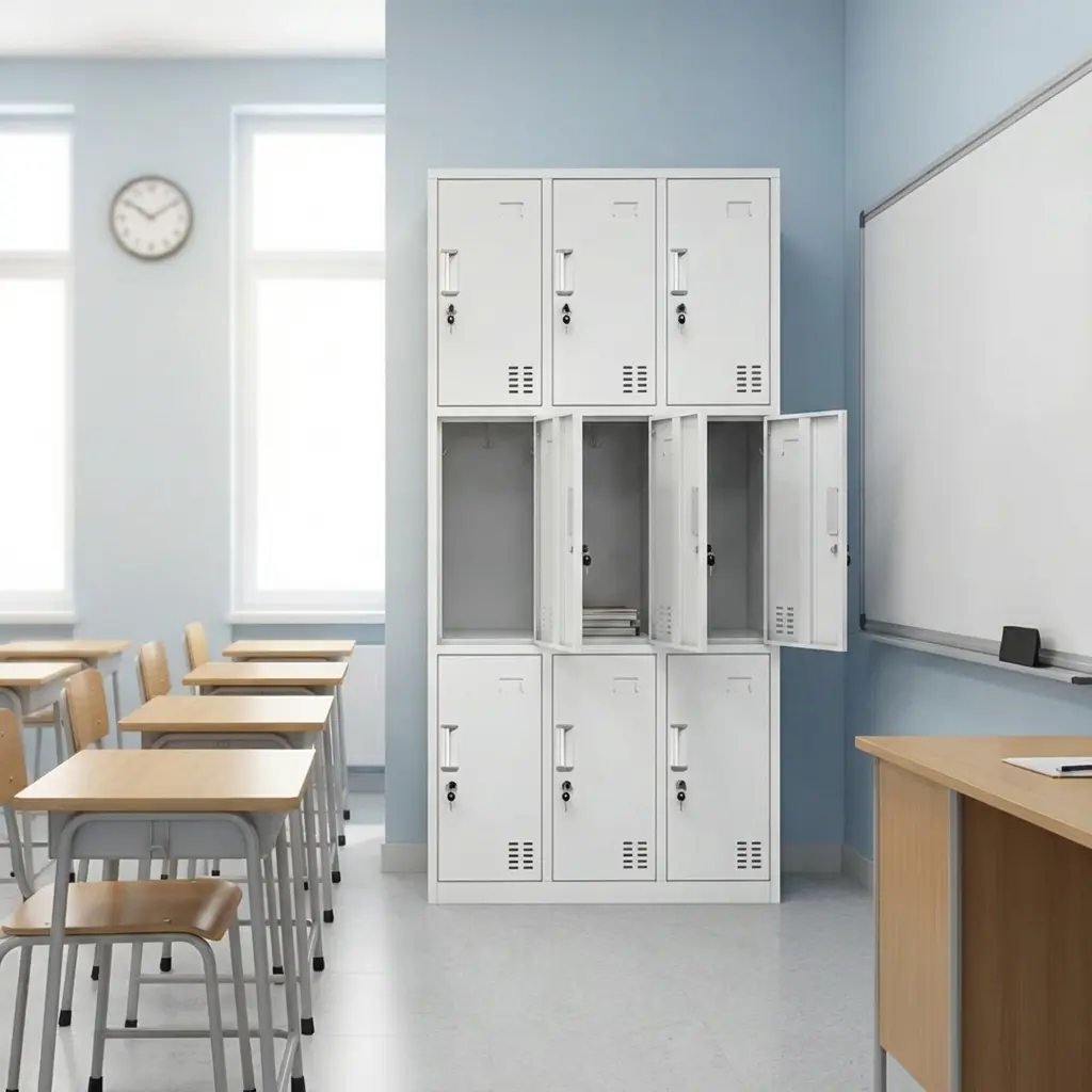 White 9-door steel locker storage cabinet featuring individual key-lockable compartments, ventilation slots, and recessed handles in a classroom setting.